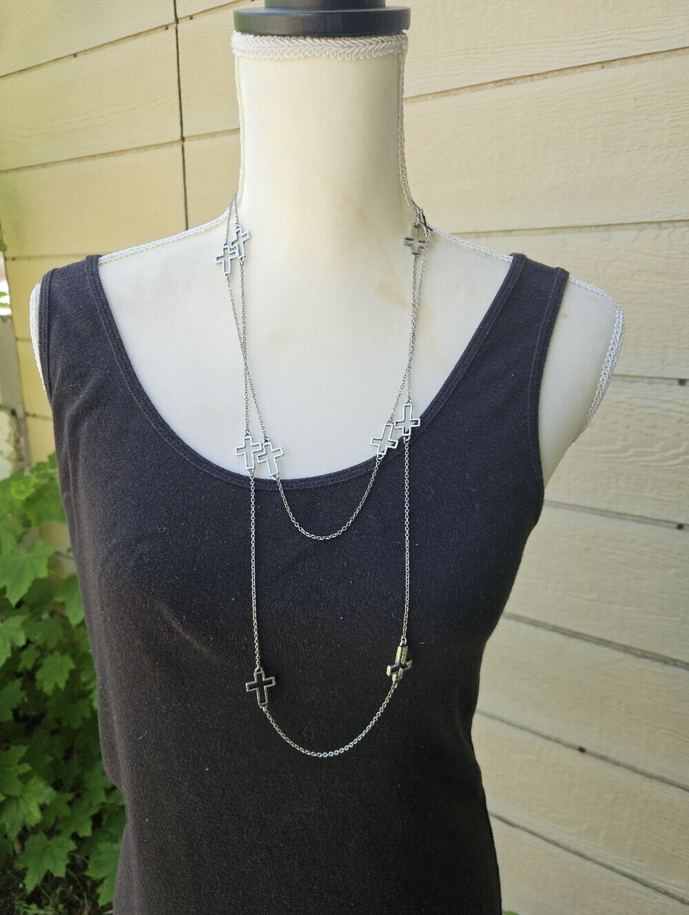 Blessings Unlimited long silver tone chain necklace with cross stations